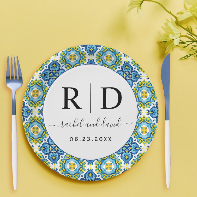 Mediterranean blue and yellow tiles wedding paper plate (Creator Uploaded)