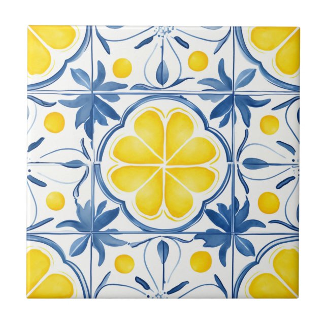 Mediterranean Blue and Yellow Watercolor Pattern Ceramic Tile (Front)