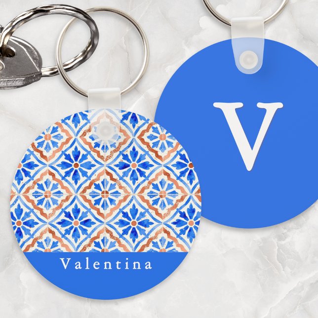 Mediterranean Blue Azulejo Tile Personalised Name Key Ring (A personalized keyring with blue and terracotta elegant geometric pattern in a Mediterranean style)
