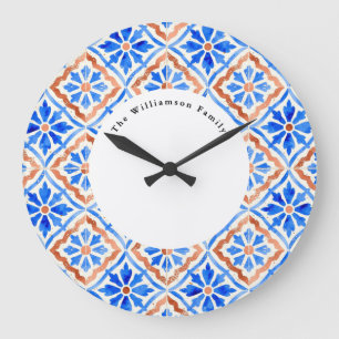 Mediterranean Blue Azulejo Tile Personalised Name Large Clock