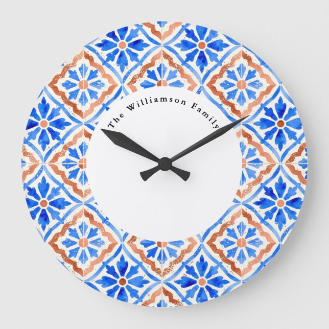 Mediterranean Blue Azulejo Tile Personalised Name Large Clock (Front)