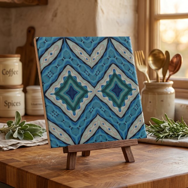 Mediterranean Blue Beige Mosaic Geometric Pattern Ceramic Tile (Creator Uploaded)