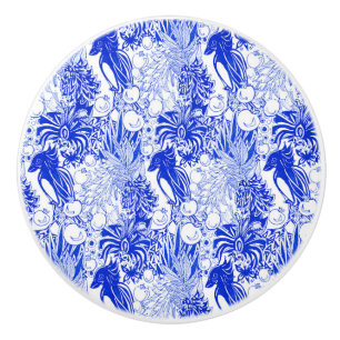 Mediterranean Blue Birds and Pomegranates Ceramic Knob