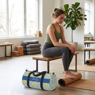 Mediterranean Blue Citrus Lemon Tile Pattern Duffle Bag