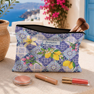 Mediterranean Blue Citrus Majolica Tile Pattern Accessory Pouch