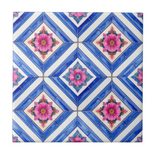 Mediterranean Blue Diamond Lattice - Pink Flowers Ceramic Tile