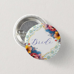 Mediterranean Blue Floral Bride to be 3 Cm Round Badge