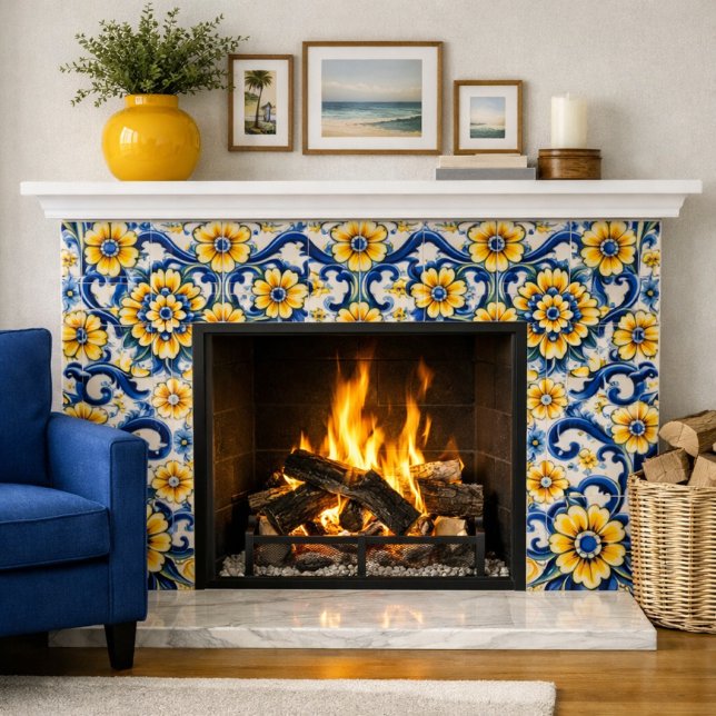 Mediterranean Blue Floral Seamless  Ceramic Tile (Modern coastal fireplace featuring 6x6 blue and gold tiles warm firelight highlights. Mockup)