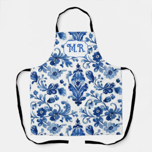 Mediterranean Blue Floral Tile Monogram Apron