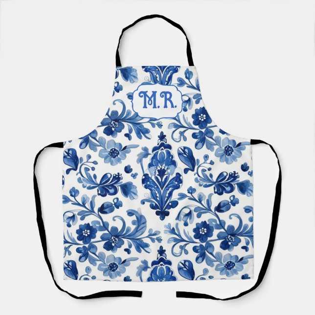 Mediterranean Blue Floral Tile Monogram Apron (Front)