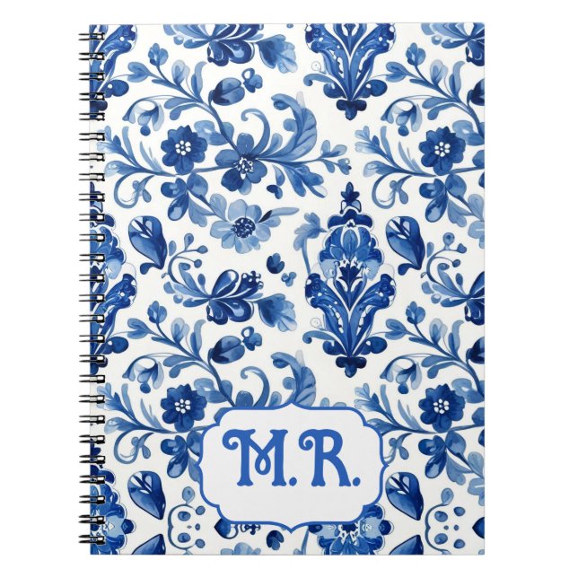 Mediterranean Blue Floral Tile Monogram Notebook (Front)