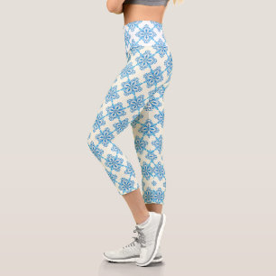 Mediterranean Blue Floral Tile Pattern Capri Leggings