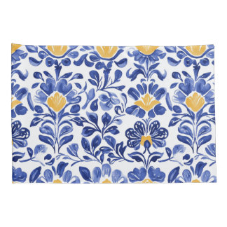 Mediterranean Blue & Gold Floral Pattern Pillowcase