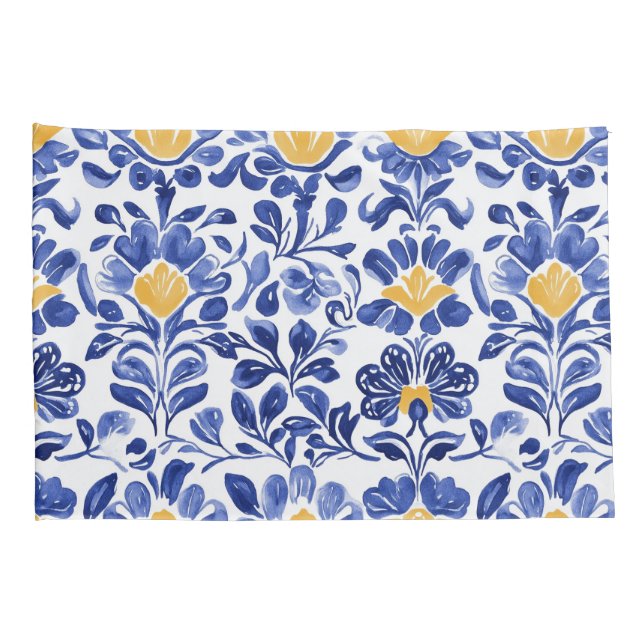 Mediterranean Blue & Gold Floral Pattern Pillowcase (Back-Right)