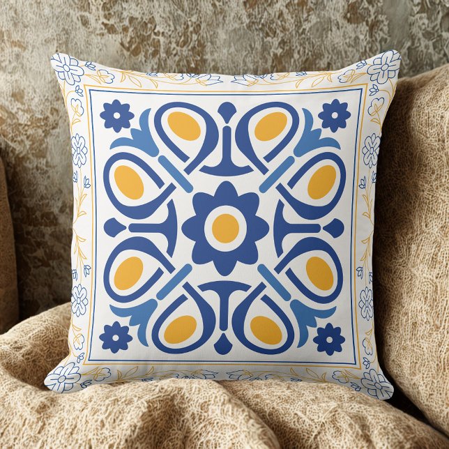 Mediterranean Blue & Gold Floral Tile classic  Cushion (Creator Uploaded)