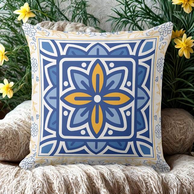 Mediterranean Blue & Gold Floral Tile retro  Cushion (Creator Uploaded)