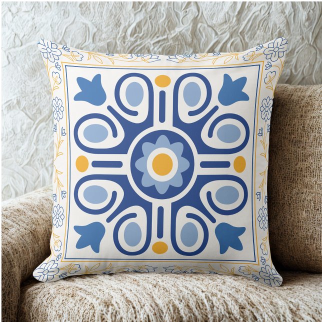 Mediterranean Blue & Gold Floral Tile Throw Pillow (Creator Uploaded)
