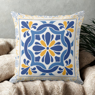 Mediterranean Blue & Gold Floral Tile vintage Cushion