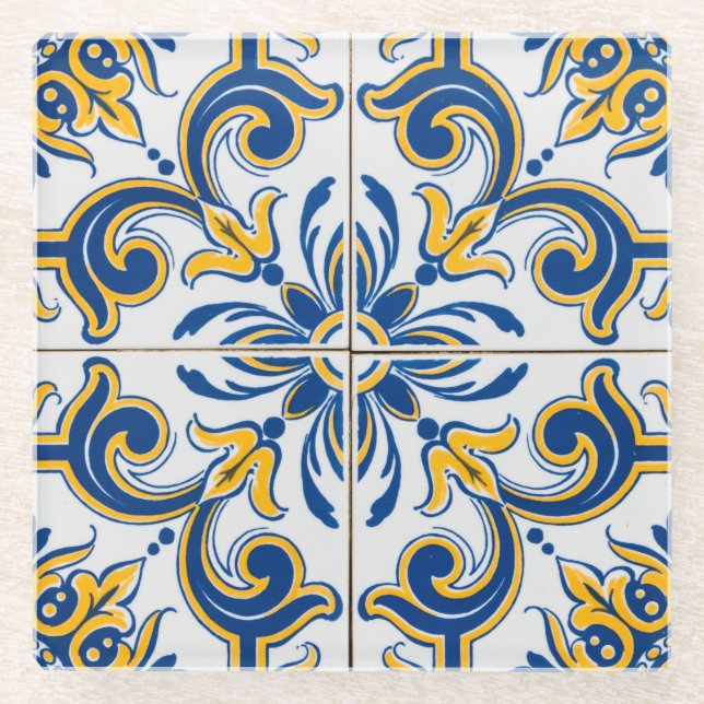 Mediterranean Blue & Gold Glass Coaster (Front)