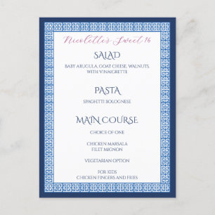 Mediterranean Blue Greek Key Wedding Birthday Menu Postcard