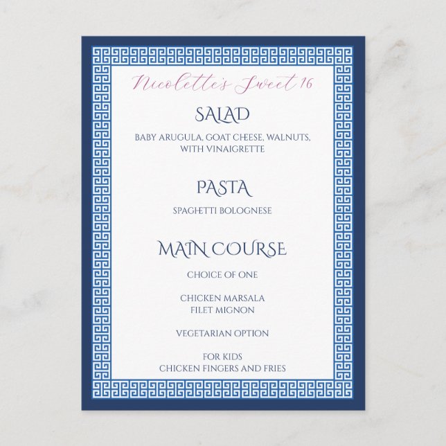 Mediterranean Blue Greek Key Wedding Birthday Menu Postcard (Front)