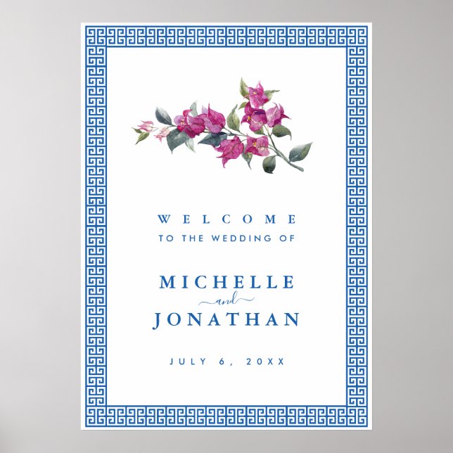 Mediterranean Blue Greek Key Wedding Welcome Sign (Front)