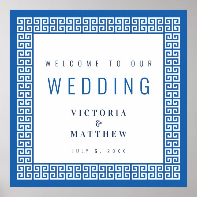 Mediterranean Blue Greek Key Wedding Welcome Sign (Front)