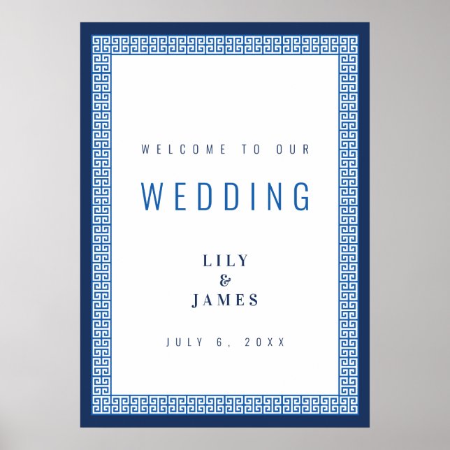 Mediterranean Blue Greek Key Wedding Welcome Sign (Front)