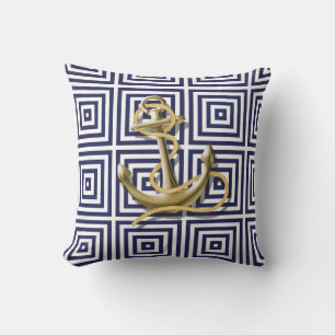 Mediterranean blue Greek Pattern Nautical Anchor Cushion