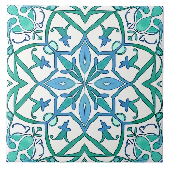 Mediterranean Blue Green Ornate Decorative Pattern Ceramic Tile (Front)