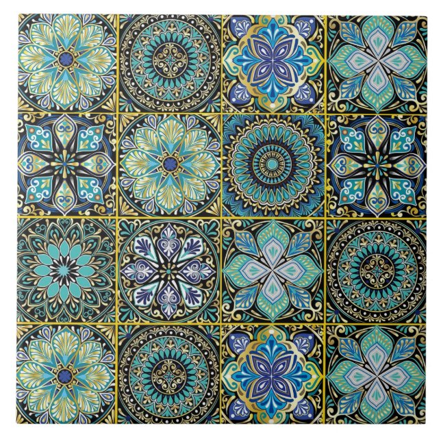 Mediterranean Blue & Green w Yellow Accents Ceramic Tile (Front)