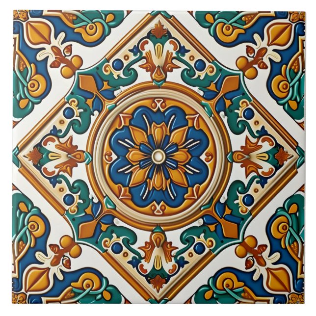 Mediterranean Blue Green Yellow Decorative Ceramic Tile (Front)