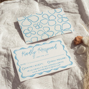 Mediterranean Blue Hand Drawn Modern Italy Wedding RSVP Card