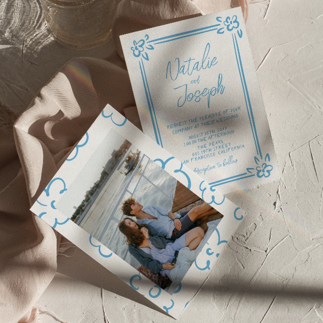 Mediterranean Blue Handwritten Drawn Photo Wedding Invitation (Creator Uploaded)