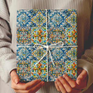 Mediterranean Blue Italian Tile Citrus Floral Wrapping Paper