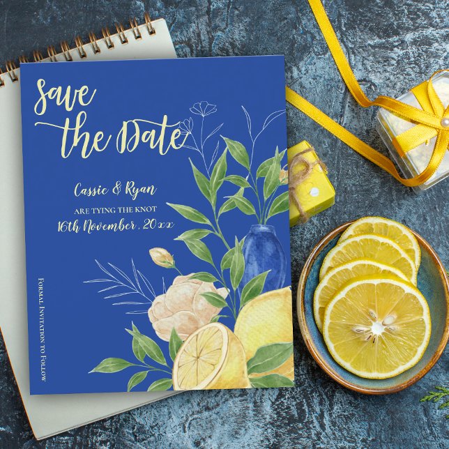 Mediterranean Blue Lemon Wedding Save the Date (Mediterranean Blue Lemon Wedding Save the Date)
