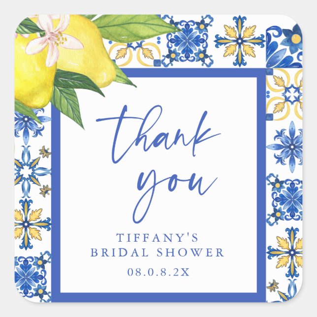 Mediterranean Blue Lemons Bridal Shower Thank You Square Sticker (Front)
