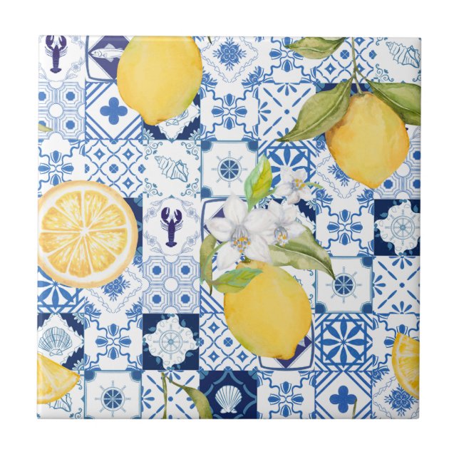 Mediterranean Blue Majolica and Lemon  Ceramic Tile (Front)