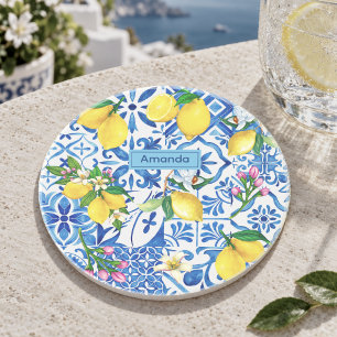 Mediterranean Blue Majolica Sicilian Citrus Tile Coaster