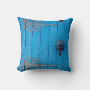 Mediterranean Blue Old Wooden Door Striped Tunisia Cushion