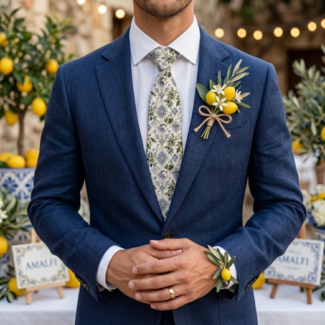 Mediterranean Blue Olive Lemon Tile Tie (Creator Uploaded)
