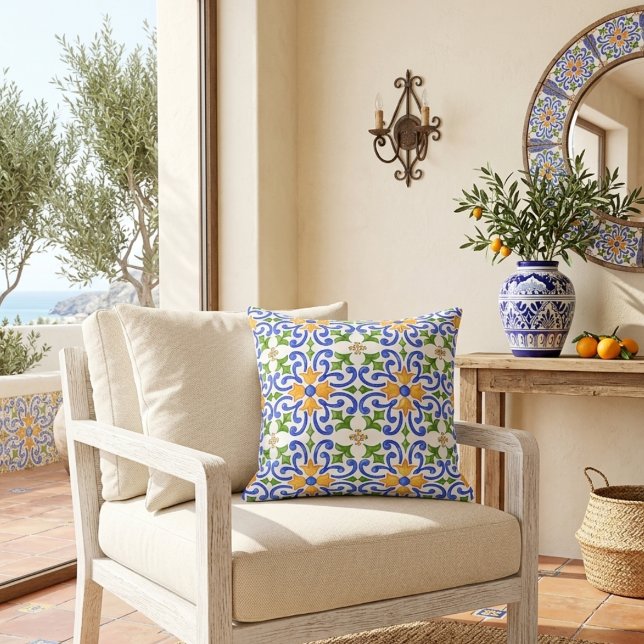 Mediterranean Blue Orange Green Spanish Pattern Cushion (Creator Uploaded)