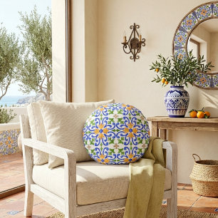 Mediterranean Blue Orange Green Spanish Pattern Round Cushion