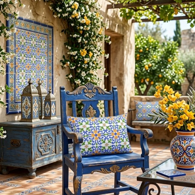 Mediterranean Blue Orange Green Spanish Tile Decorative Cushion (Creator Uploaded)