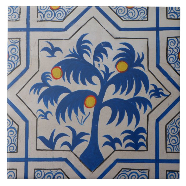 Mediterranean Blue Palm Tree Ceramic Tile (Front)
