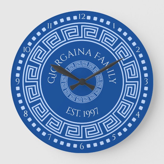 Mediterranean  Blue Round Greek Key Custom Name Large Clock (Front)