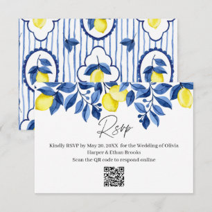 Mediterranean Blue Stripe Lemon Wedding RSVP Card