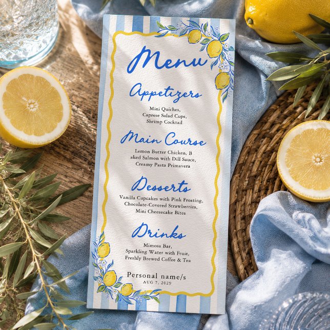 Mediterranean Blue Striped Lemon Wedding Menu (Creator Uploaded)