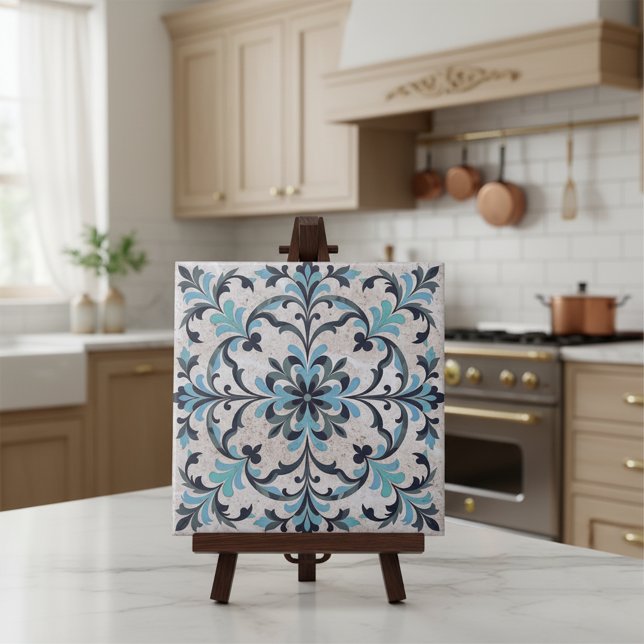 Mediterranean Blue Teal Antique Damask Flourish Ceramic Tile (Creator Uploaded)