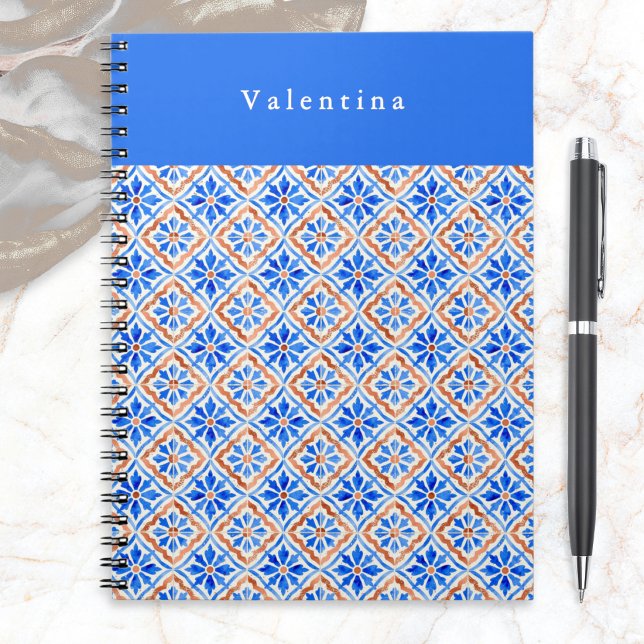 Mediterranean Blue Terracotta Tile Pattern Custom Notebook (A pretty notebook with Portuguese-style tile pattern in cobalt blue and terracotta orange)